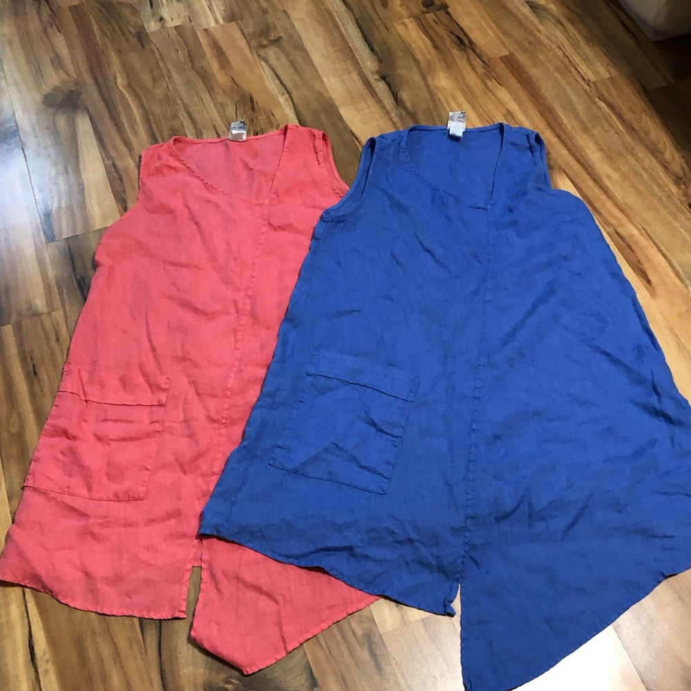 Bundle Two Match Point 100% linen asymmetrical smock tank top pink blue artist